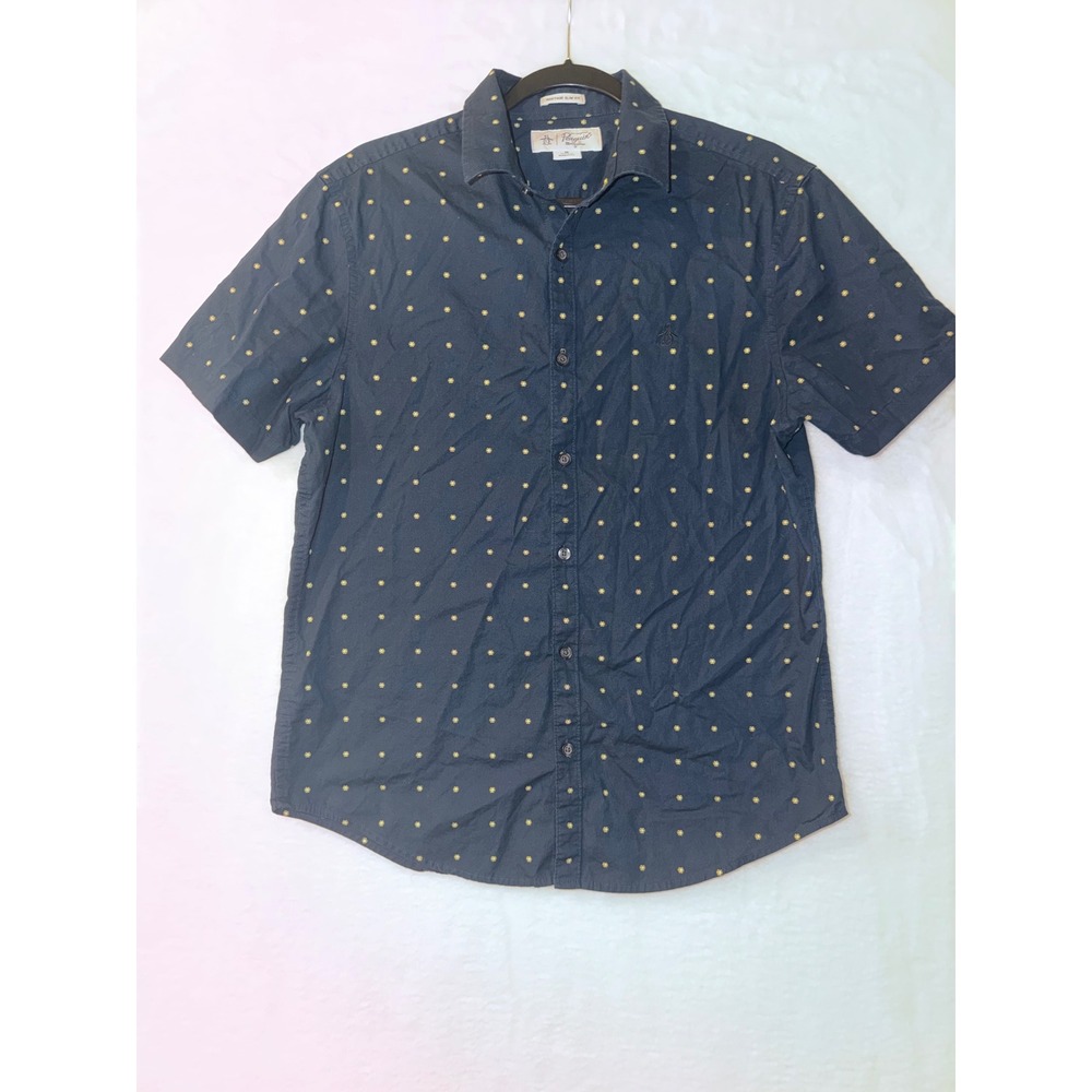 Original Penguin Mens Heritage Slim Fit Short‎ Sleeve Button Down Shirt Navy M